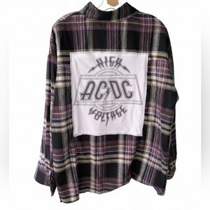 AC/DC BAND NEW Flannel Upcycled Plaid Shirt Hand Crafted